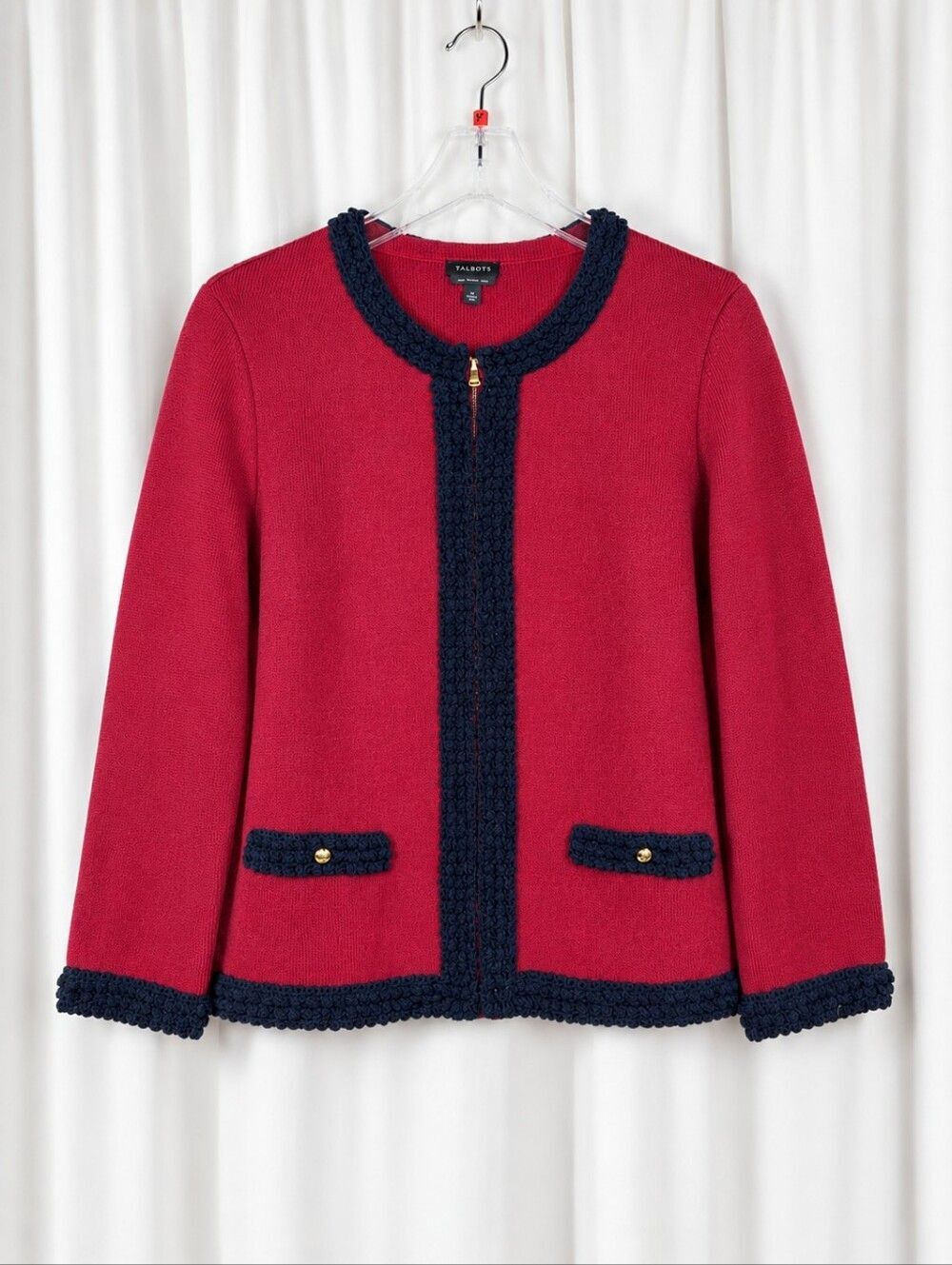 Talbots Merino Wool Deep Red Textured Navy Blue Trim Zip Front  Sweater Jacket
